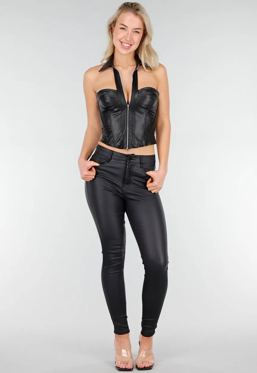 Zwarte Lederlook Corset Top met Rits en Kraag