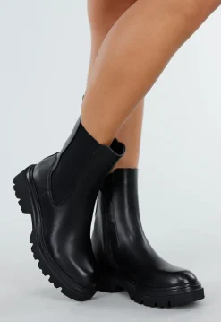 Zwarte Lederlook Enkelboots met Chunky Zool en Zijrits
