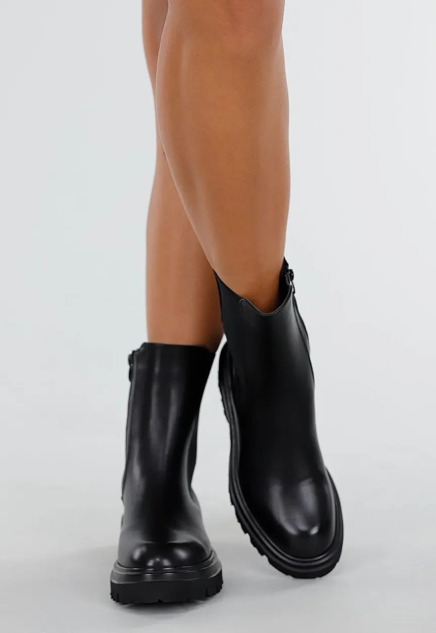 Zwarte Lederlook Enkelboots met Chunky Zool en Zijrits