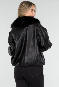 Zwarte Lederlook Jas met Imitatiebontkraag