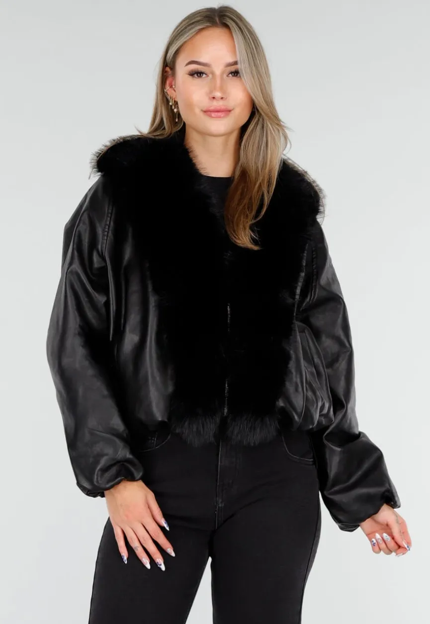 Zwarte Lederlook Jas met Imitatiebontkraag