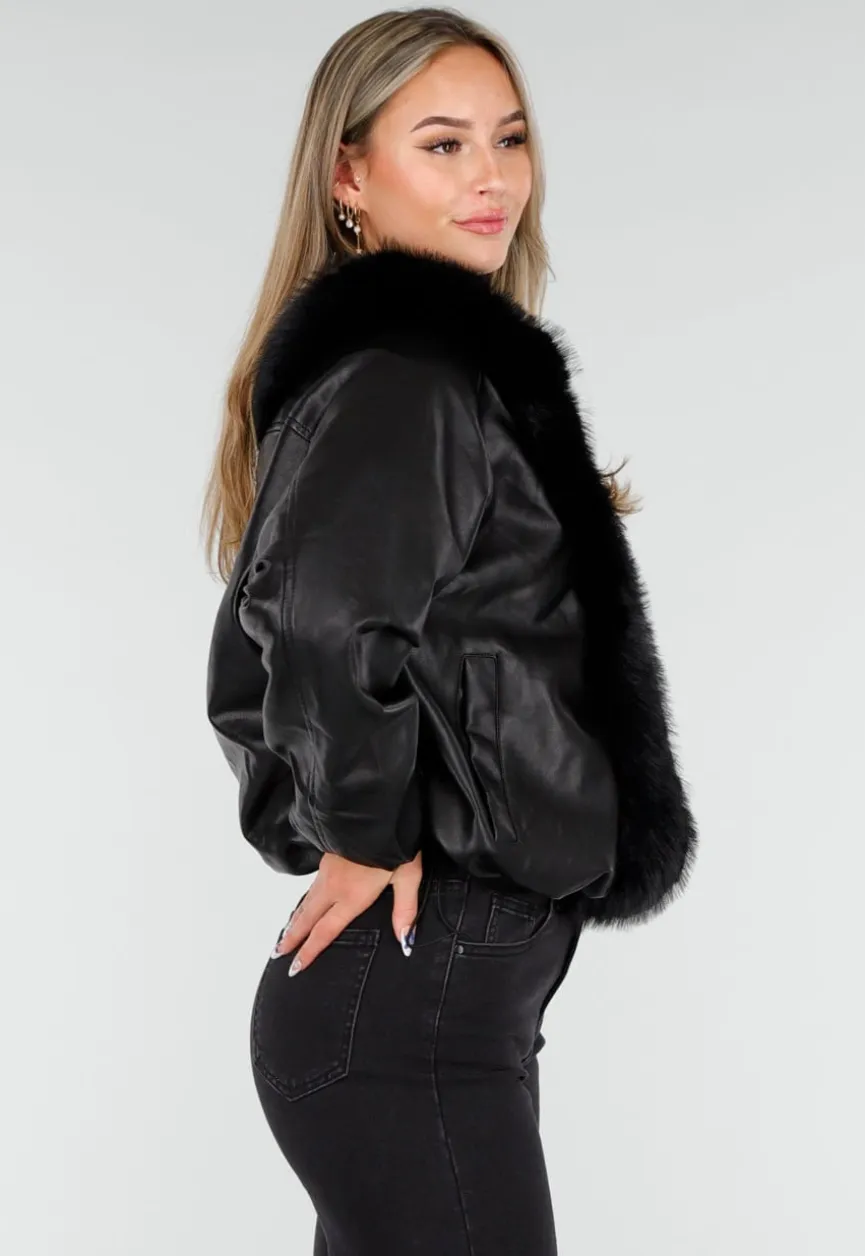Zwarte Lederlook Jas met Imitatiebontkraag