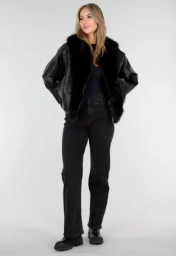 Zwarte Lederlook Jas met Imitatiebontkraag