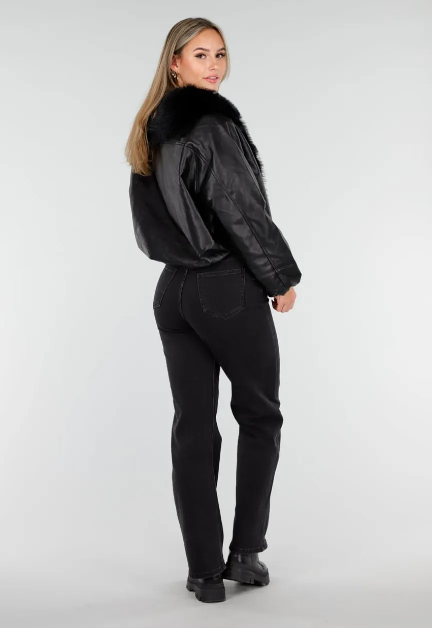 Zwarte Lederlook Jas met Imitatiebontkraag