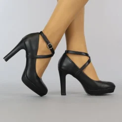Zwarte Lederlook Pumps met Enkelbandje
