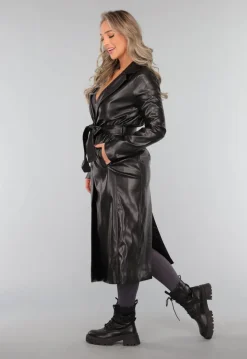 Zwarte Lederlook Trenchcoat met Tailleband
