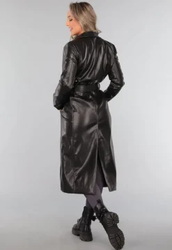 Zwarte Lederlook Trenchcoat met Tailleband