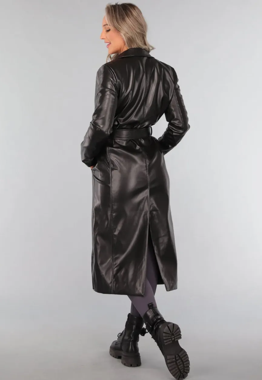 Zwarte Lederlook Trenchcoat met Tailleband