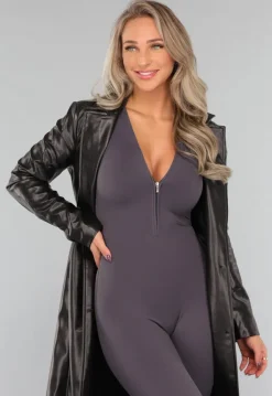 Zwarte Lederlook Trenchcoat met Tailleband
