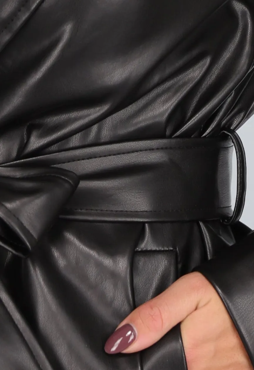 Zwarte Lederlook Trenchcoat met Tailleband