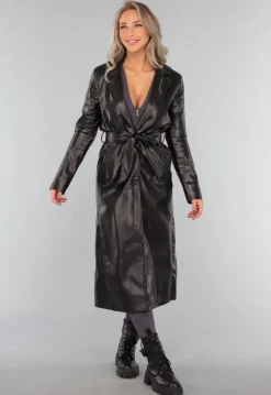 Zwarte Lederlook Trenchcoat met Tailleband