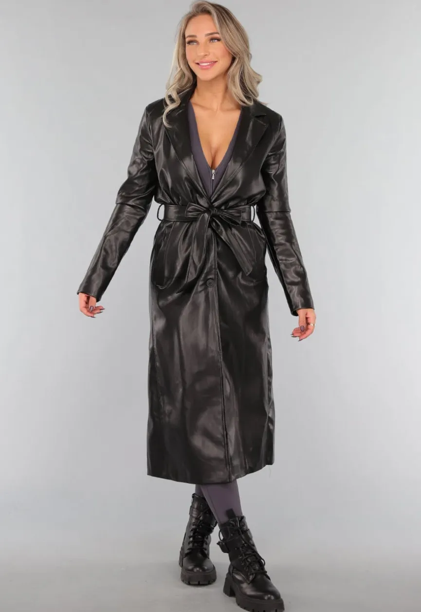 Zwarte Lederlook Trenchcoat met Tailleband