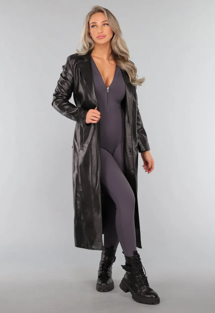 Zwarte Lederlook Trenchcoat met Tailleband