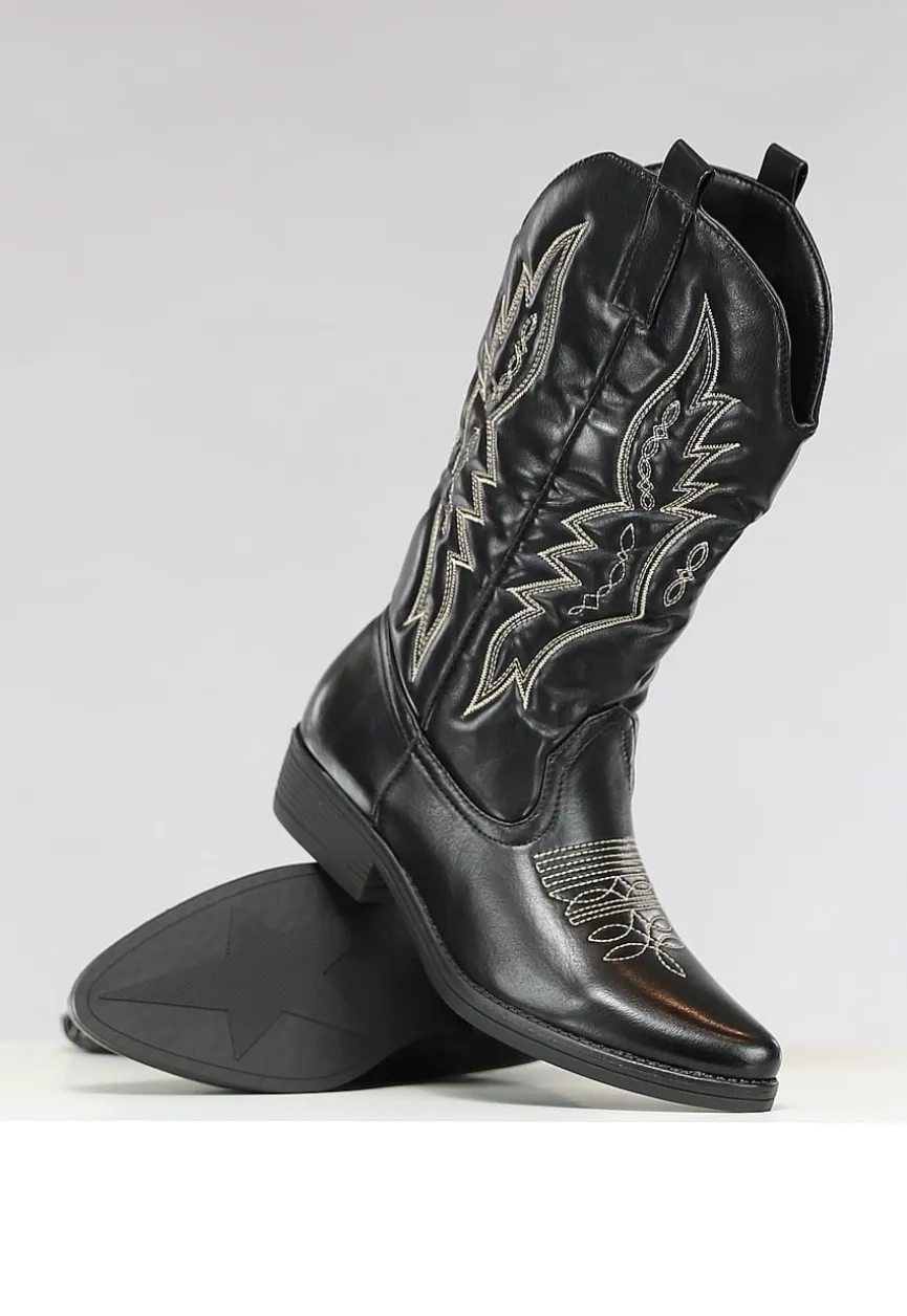 Zwarte Lederlook Western Boots met Stiksels