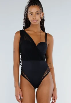 Zwarte Lingerie Mesh Body met One Shoulder en Kantaccenten