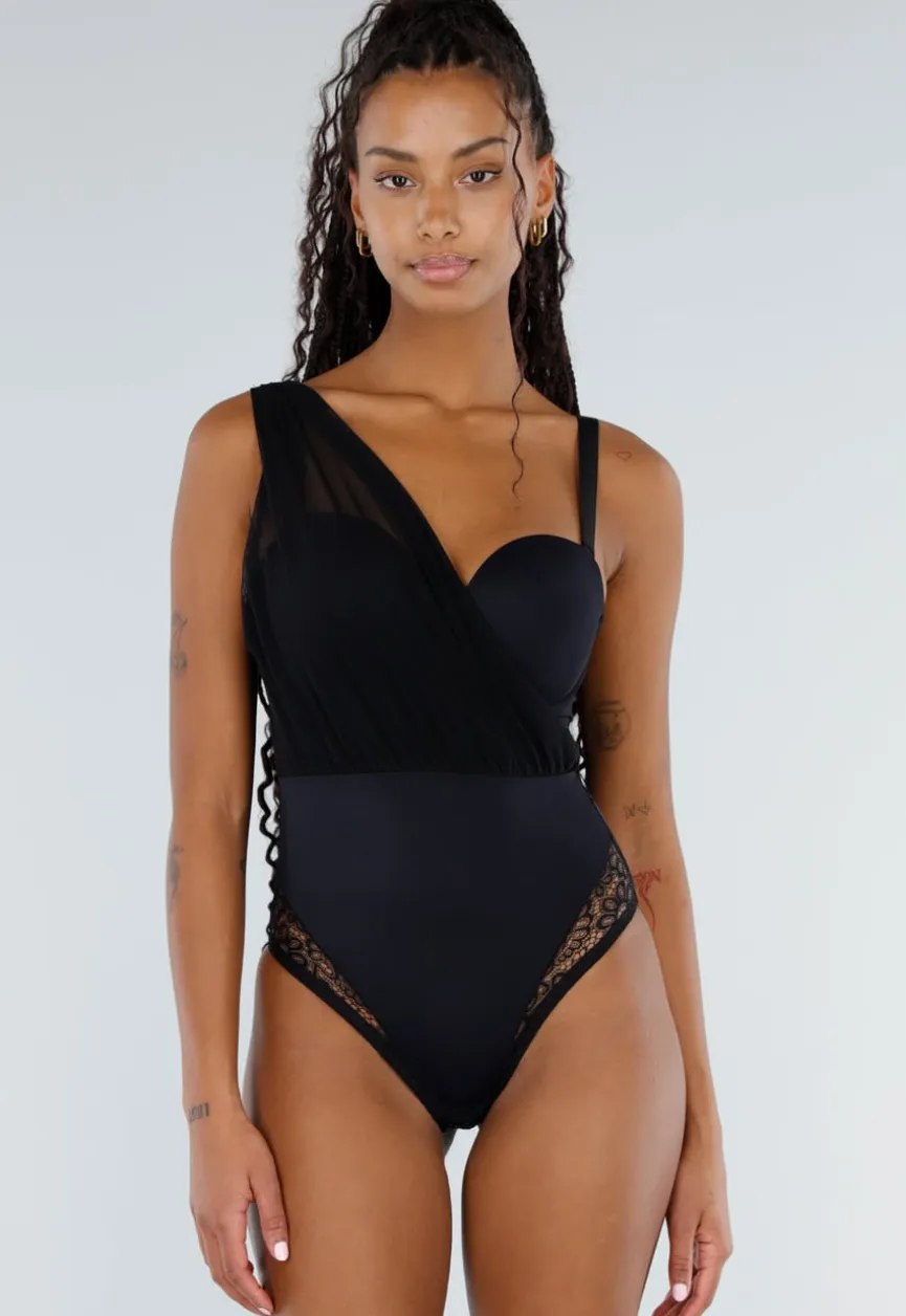 Zwarte Lingerie Mesh Body met One Shoulder en Kantaccenten