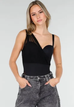 Zwarte Lingerie Mesh Body met One Shoulder en Kantaccenten