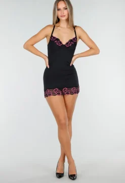 Zwarte Lingerie Onderjurk met Roze Kant en Cups