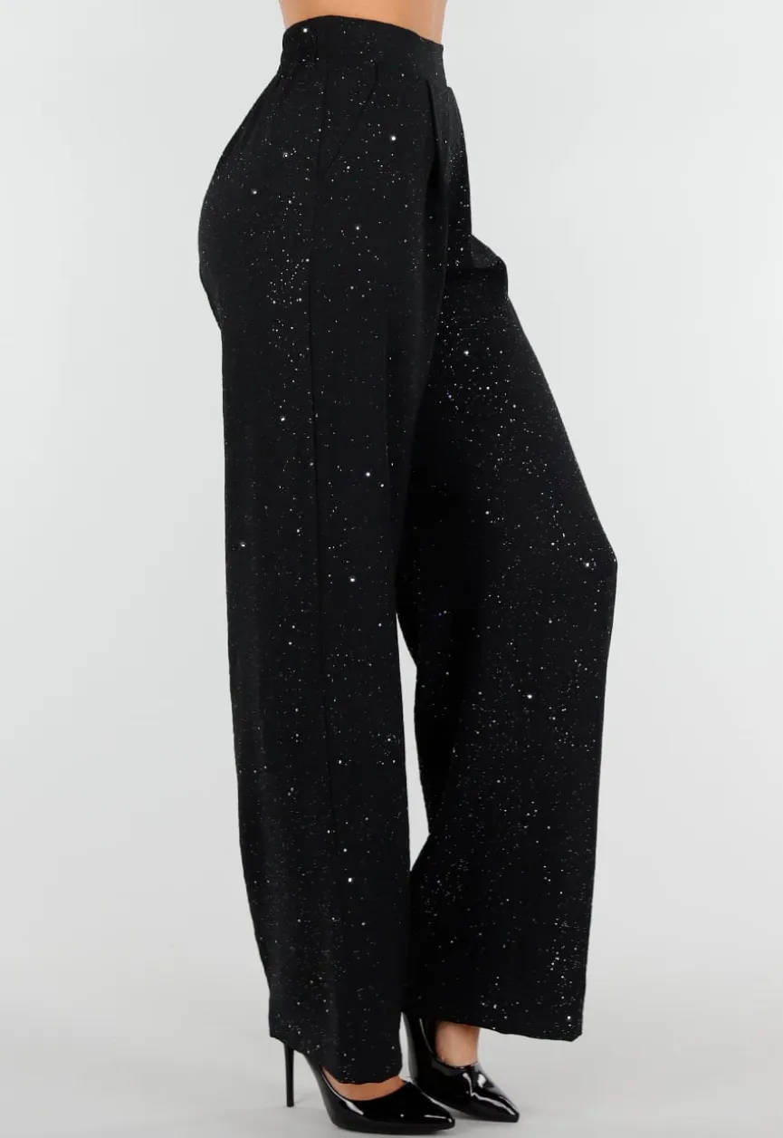 Zwarte Linnenlook Glitter Pantalon met Stretchband