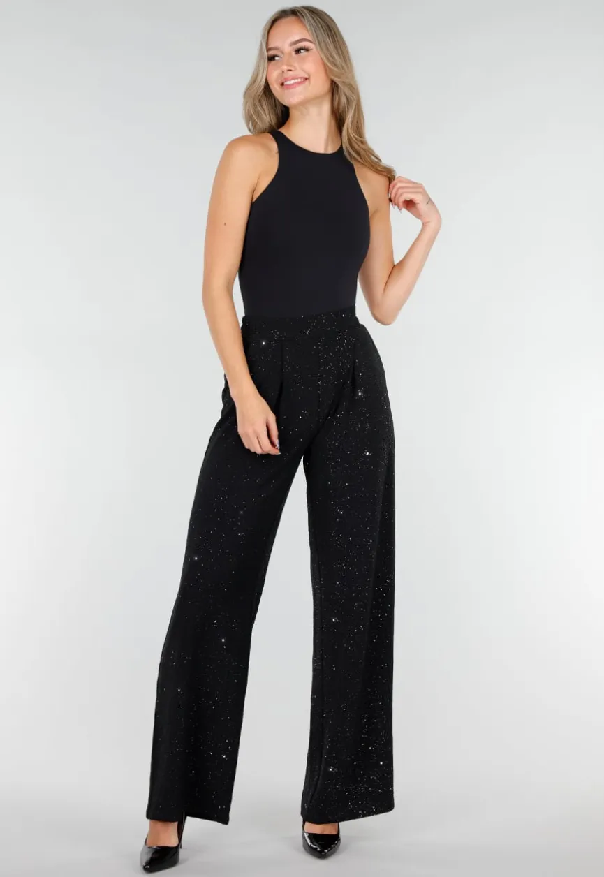 Zwarte Linnenlook Glitter Pantalon met Stretchband