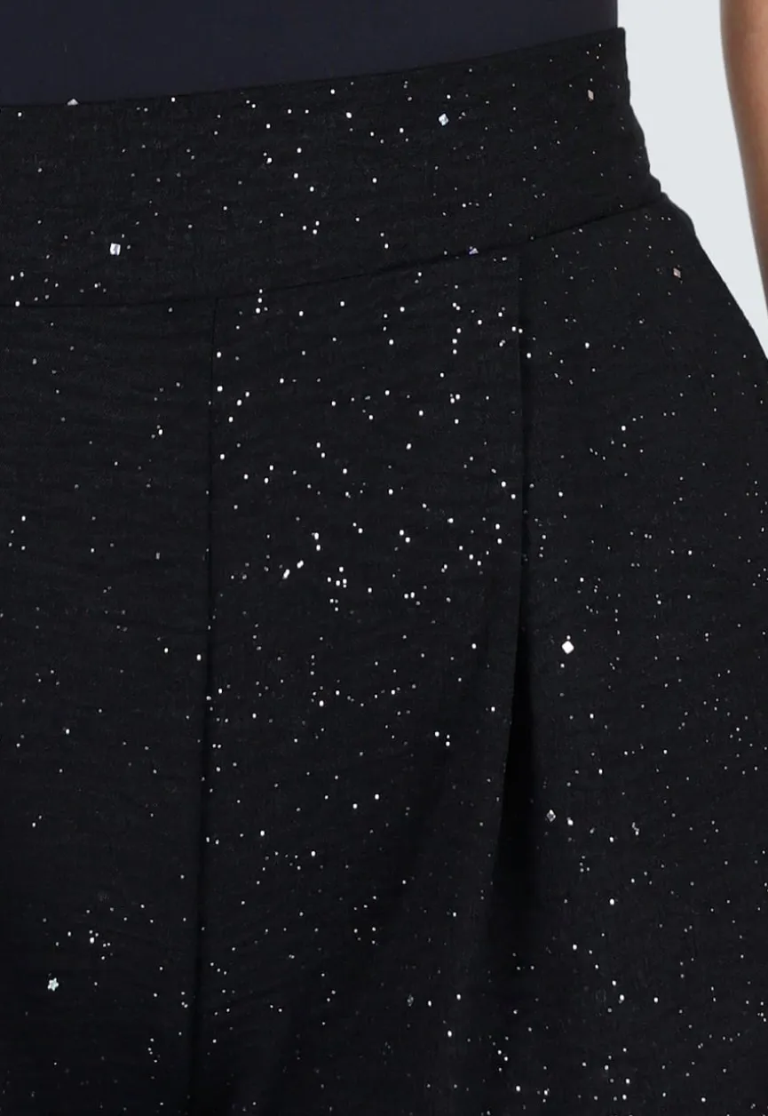 Zwarte Linnenlook Glitter Pantalon met Stretchband