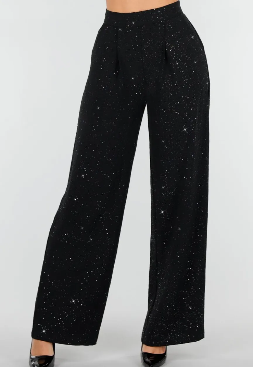 Zwarte Linnenlook Glitter Pantalon met Stretchband