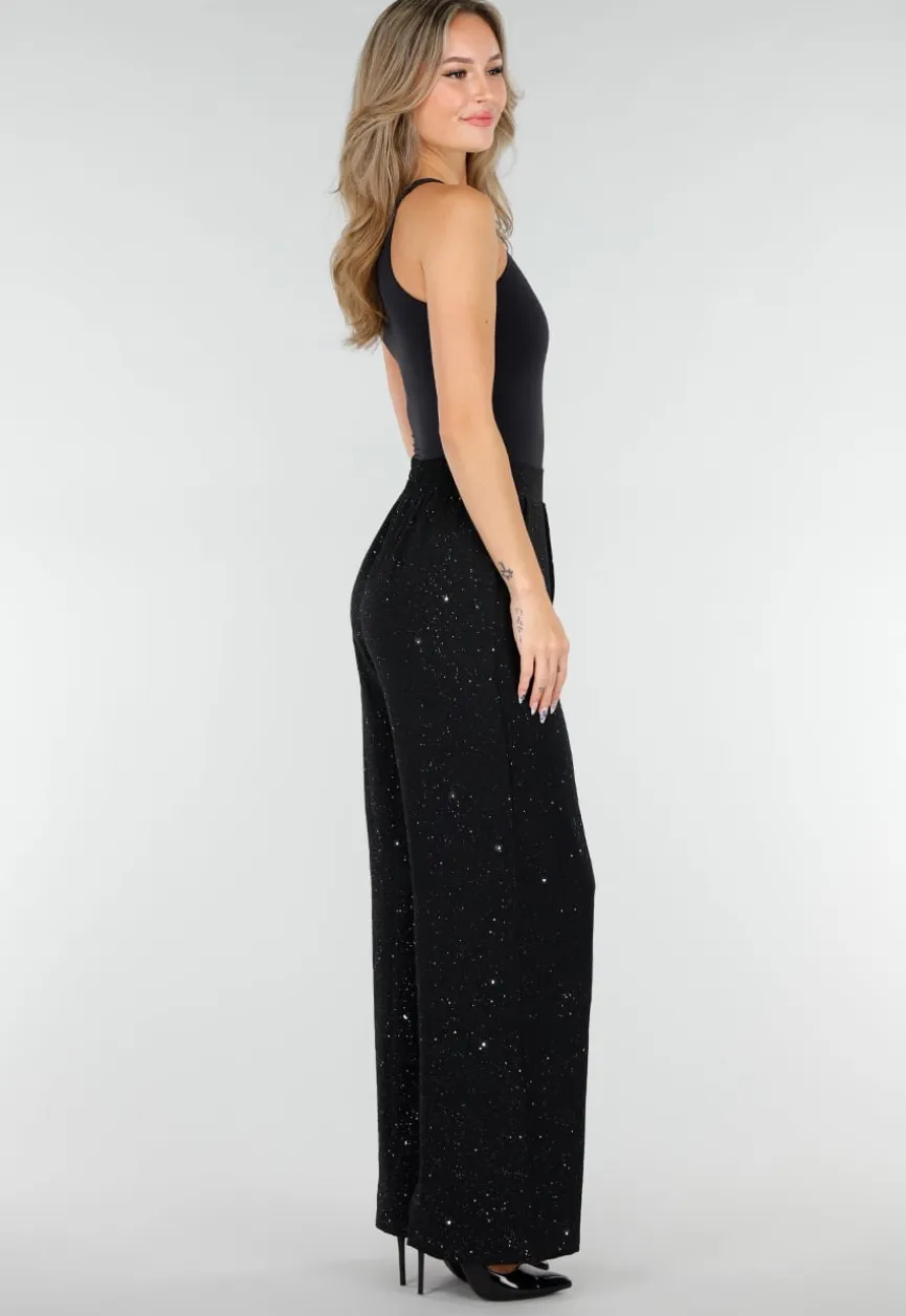 Zwarte Linnenlook Glitter Pantalon met Stretchband