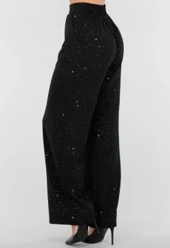 Zwarte Linnenlook Glitter Pantalon met Stretchband