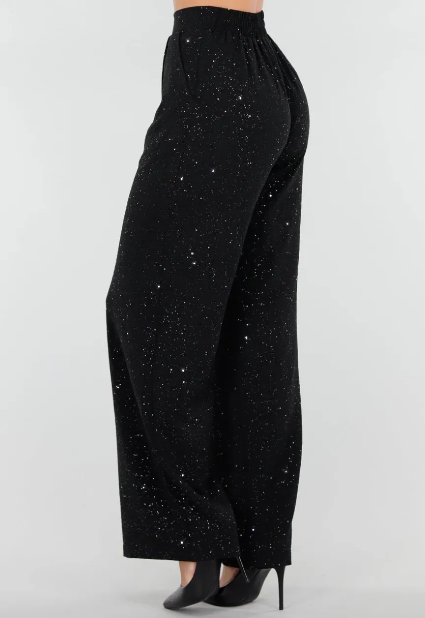Zwarte Linnenlook Glitter Pantalon met Stretchband
