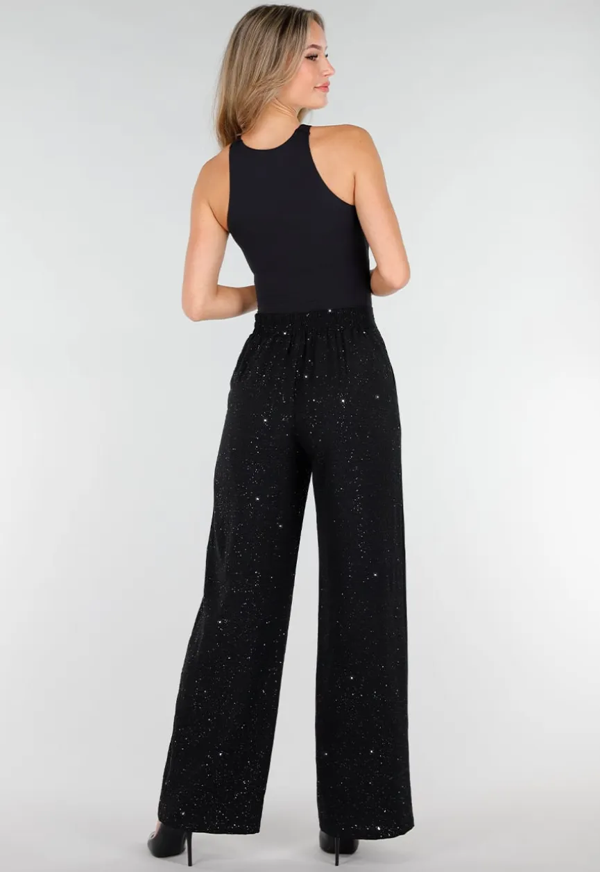 Zwarte Linnenlook Glitter Pantalon met Stretchband