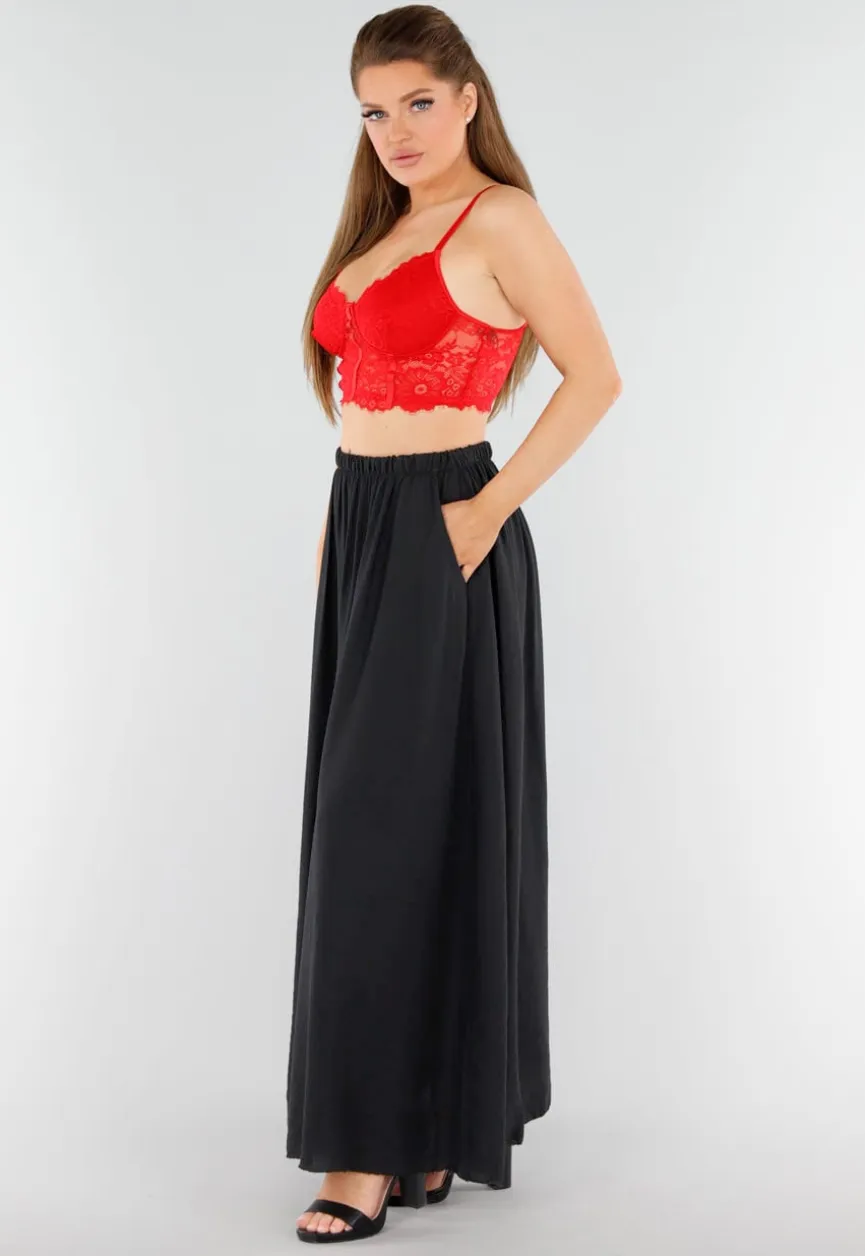 Zwarte Linnenlook Maxi Rok met Elastische Tailleband