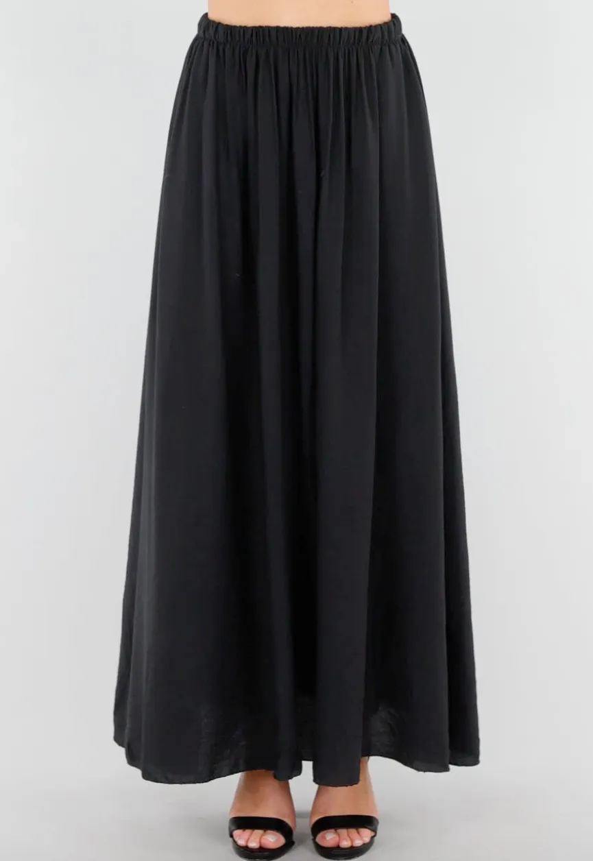 Zwarte Linnenlook Maxi Rok met Elastische Tailleband
