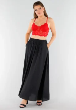 Zwarte Linnenlook Maxi Rok met Elastische Tailleband
