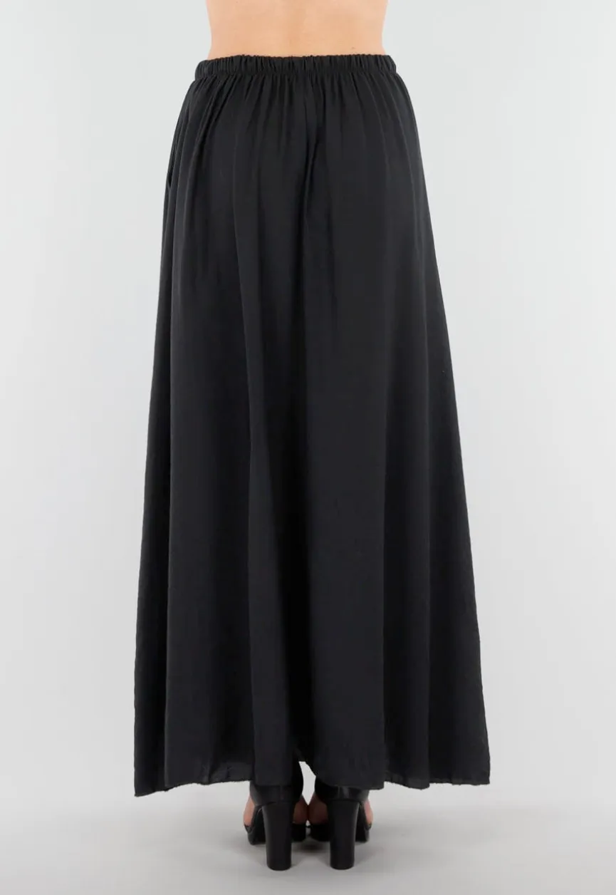 Zwarte Linnenlook Maxi Rok met Elastische Tailleband
