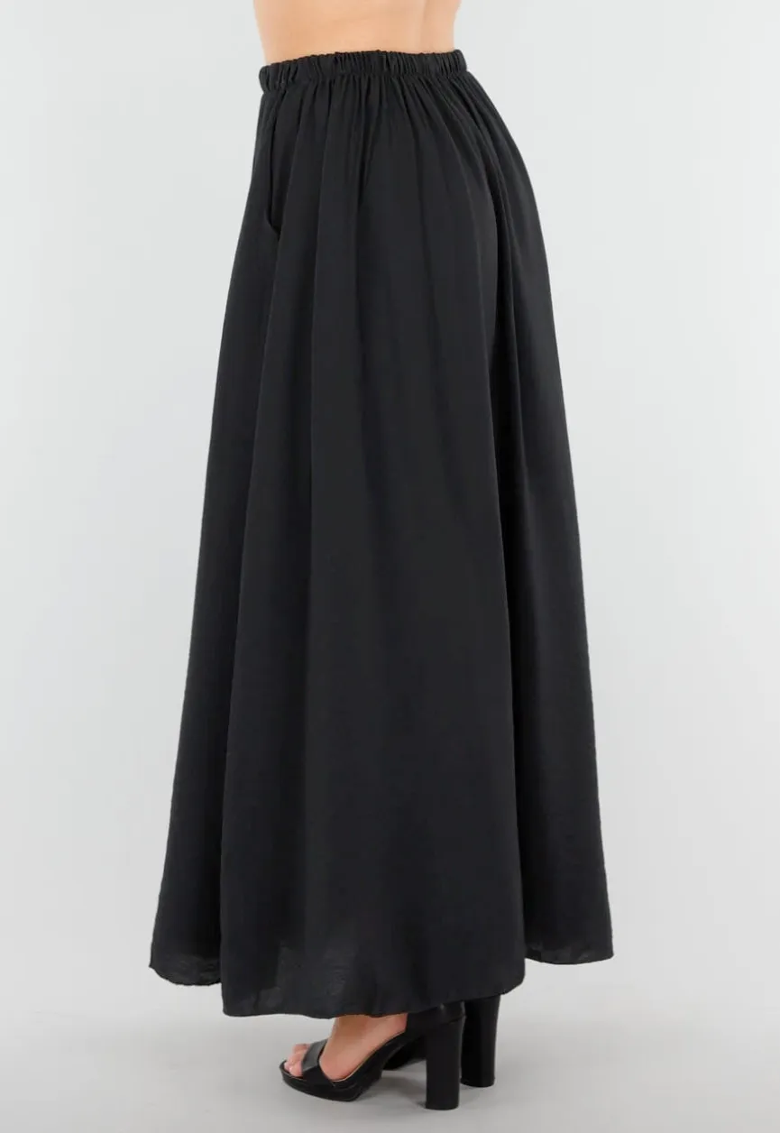 Zwarte Linnenlook Maxi Rok met Elastische Tailleband