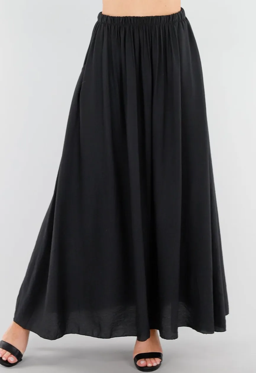 Zwarte Linnenlook Maxi Rok met Elastische Tailleband
