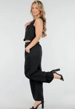 Zwarte Linnenlook 2-Piece Set met Gilet en Wijde Broek