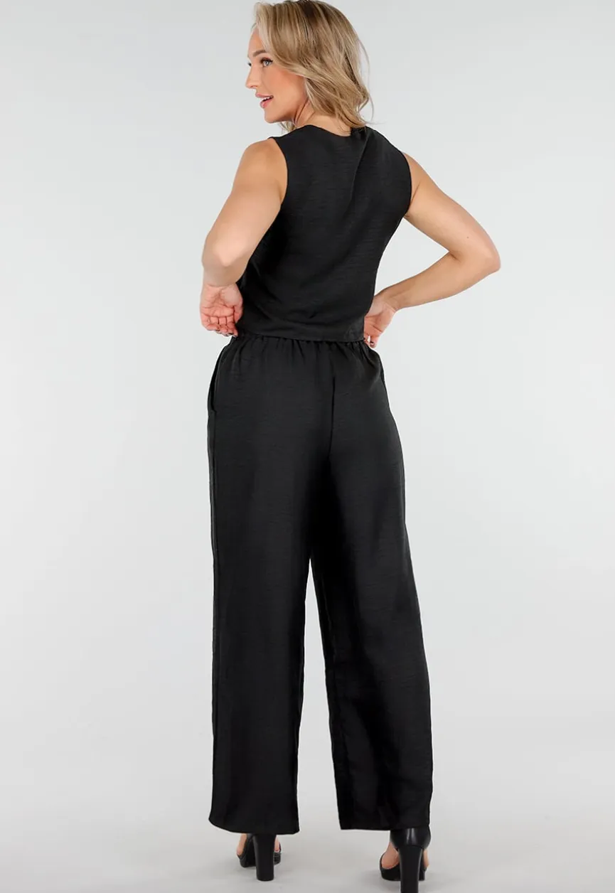 Zwarte Linnenlook 2-Piece Set met Gilet en Wijde Broek