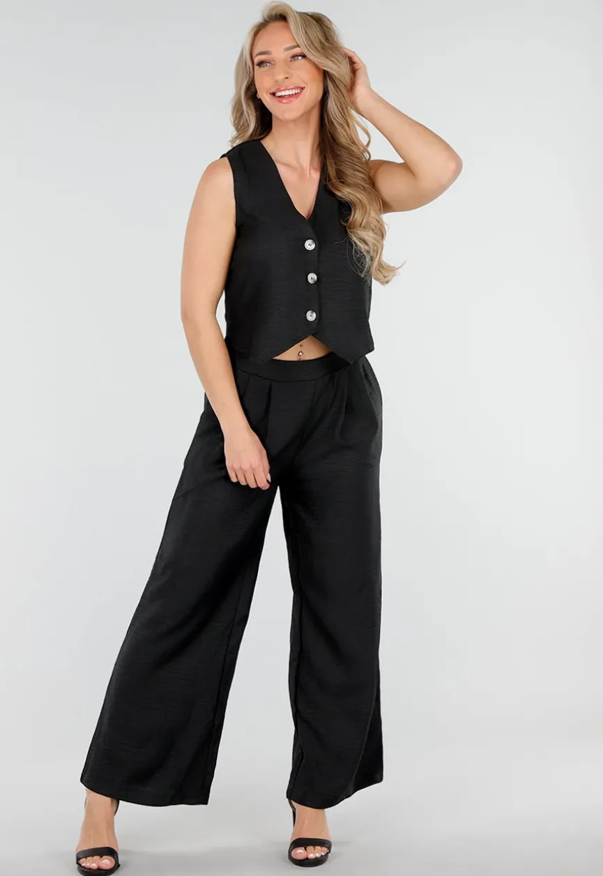 Zwarte Linnenlook 2-Piece Set met Gilet en Wijde Broek