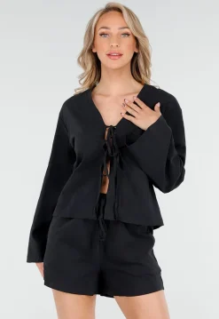 Zwarte Linnenlook 2-Piece Set met Striktop en Shorts