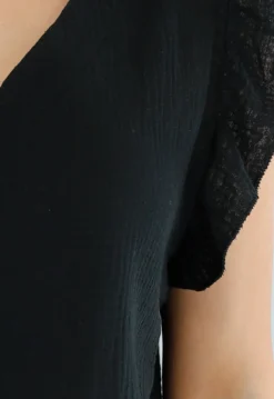 Zwarte Linnenlook Top met V-Hals en Ruches aan de Mouwen