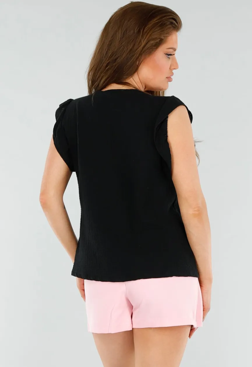 Zwarte Linnenlook Top met V-Hals en Ruches aan de Mouwen