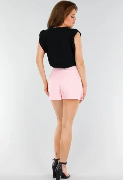 Zwarte Linnenlook Top met V-Hals en Ruches aan de Mouwen