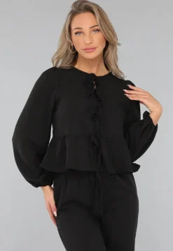 Zwarte Linnenlook Two Piece met Strikjes