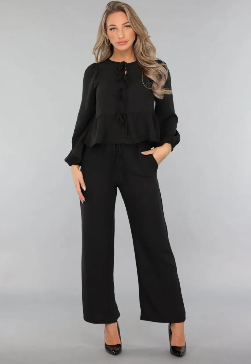 Zwarte Linnenlook Two Piece met Strikjes