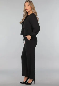 Zwarte Linnenlook Two Piece met Strikjes
