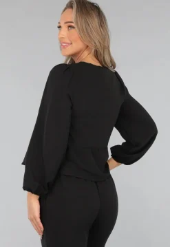 Zwarte Linnenlook Two Piece met Strikjes