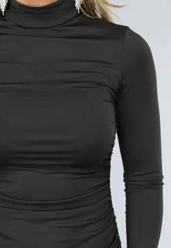 Zwarte Longsleeve Bodycon Jurk met Geplooid Detail