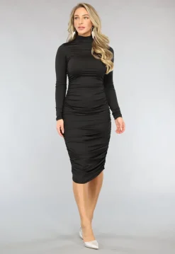 Zwarte Longsleeve Bodycon Jurk met Geplooid Detail
