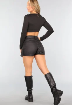 Zwarte Longsleeve Crop Top met V Hals